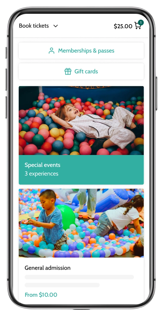 Indoor playground booking page on mobile showing special events and general admission